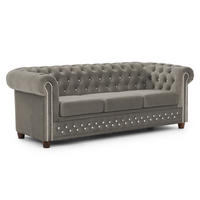 CHESTERFIELD-SOFA 3-sitzer Cleo Blink Grau Samt mit Kristallsteppung und braunen Massivholzfüßen - Braun/Grau, Holz/Textil (203/72/86cm) - S-Style Möbel