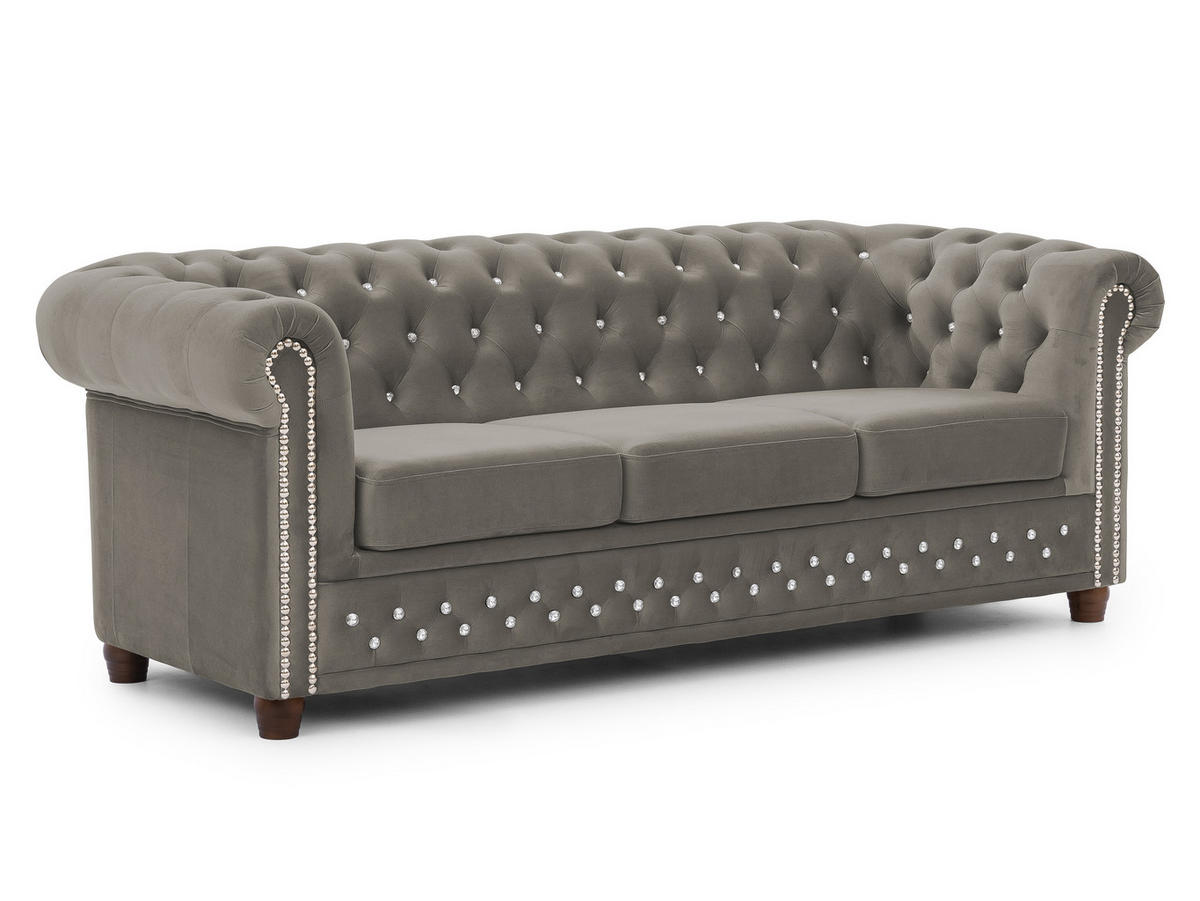 CHESTERFIELD-SOFA 3-sitzer Cleo Blink Grau Samt mit Kristallsteppung und braunen Massivholzfüßen - Braun/Grau, Holz/Textil (203/72/86cm) - S-Style Möbel