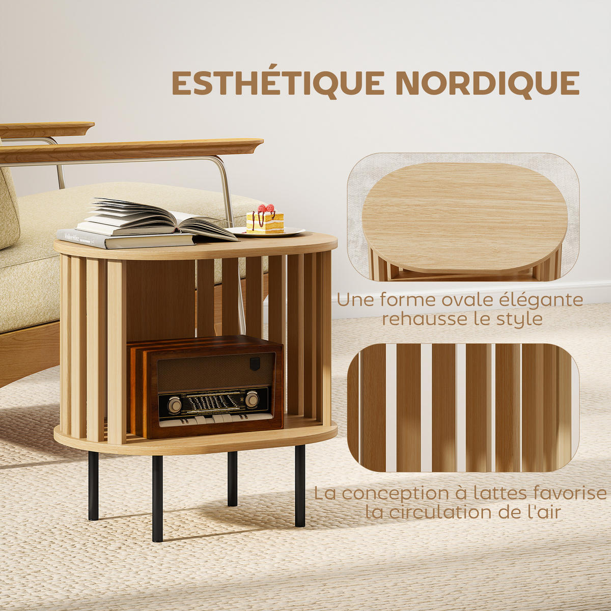 BEISTELLTISCH DE-15813 ovale Lattenablage Naturholz - Naturfarben, Holzwerkstoff (50/39/50cm) - ComfortXL