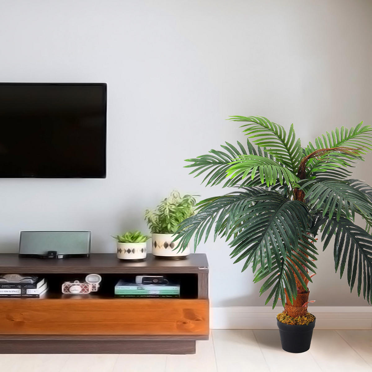 TOPFPFLANZE Palme 100 cm aus Kunststoff für Wohnraumdekoration Künstlich naturgetreu pflegefrei, mit Kunststofftopf Stabil - Schwarz/Braun, Kunststoff (100cm) - Livingandhome