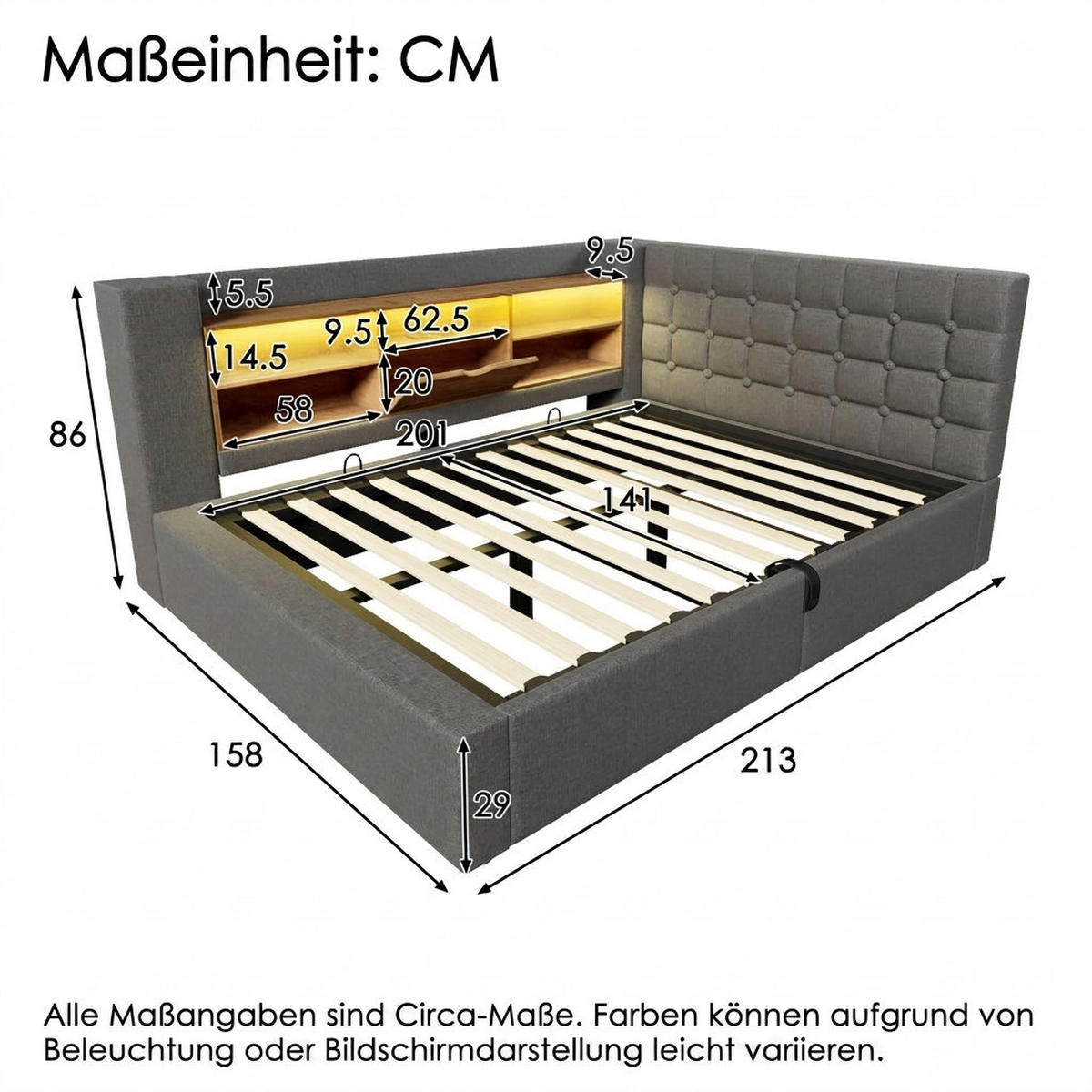 POLSTERBETT 140/200 cm Grau mit LED-Beleuchtung und Stauraum (Ohne Matratze) - Grau, Textil (140/200cm) - Oxeza