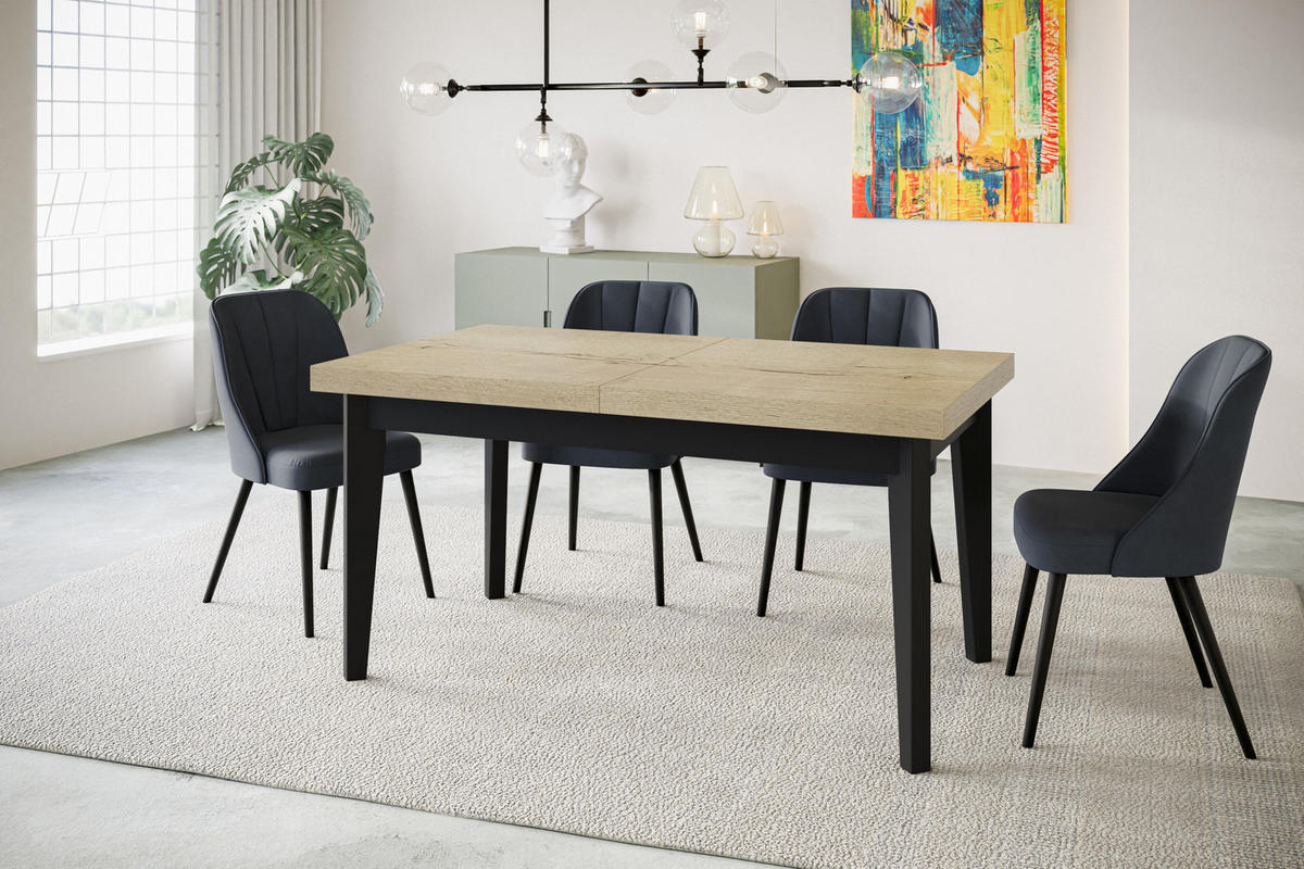 ESSZIMMERTISCH SKANDI, ausziehbarer Tisch: 120-160X80X78 cm, Farbe: HALIFAX, mit Holzbeinen in Farbe Schwarz - Schwarz/Naturfarben, Holzwerkstoff (120/80/78cm) - Alpi-Möbel