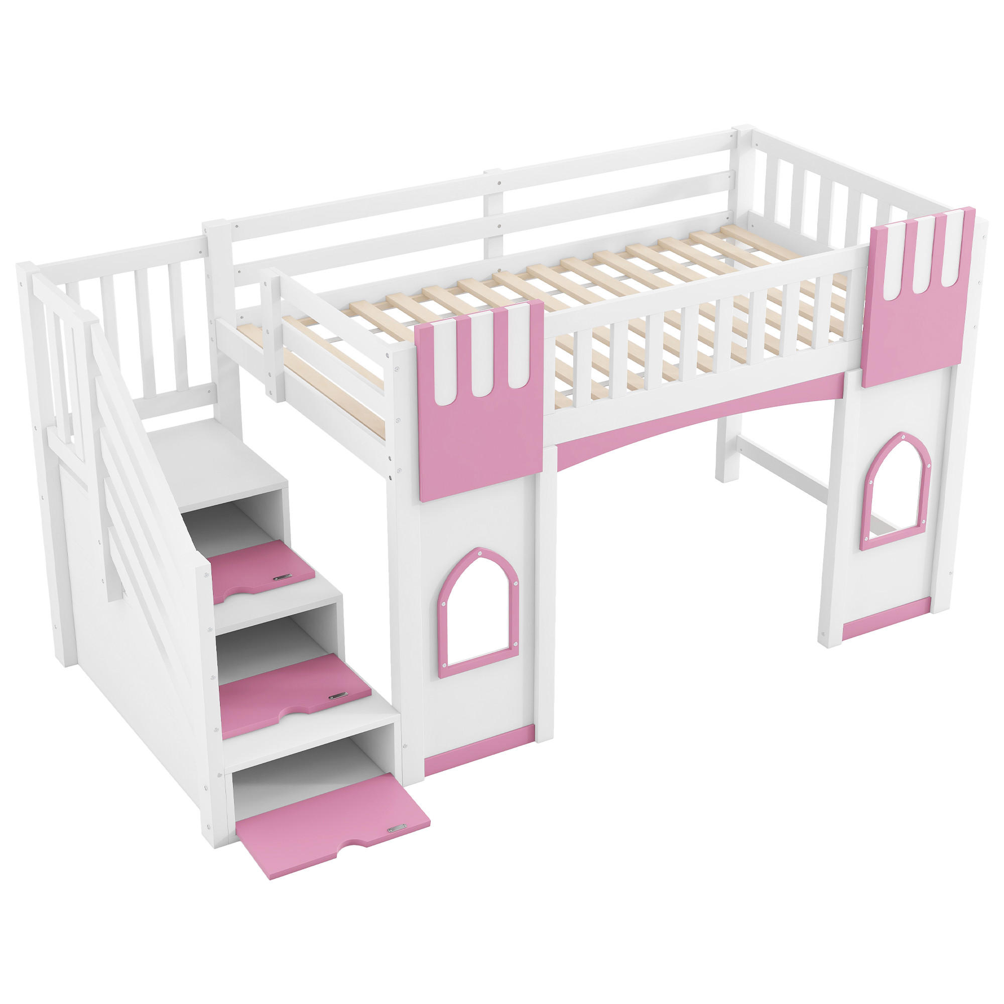 HOCHBETT 90/200 cm DE-03370, mit Stauraumtreppe und Fenster, in Weiß/Rosa - Rosa, Holzwerkstoff (90/200cm) - ComfortXL