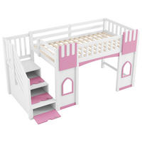 HOCHBETT 90/200 cm DE-03370, mit Stauraumtreppe und Fenster, in Weiß/Rosa - Rosa, Holzwerkstoff (90/200cm) - ComfortXL