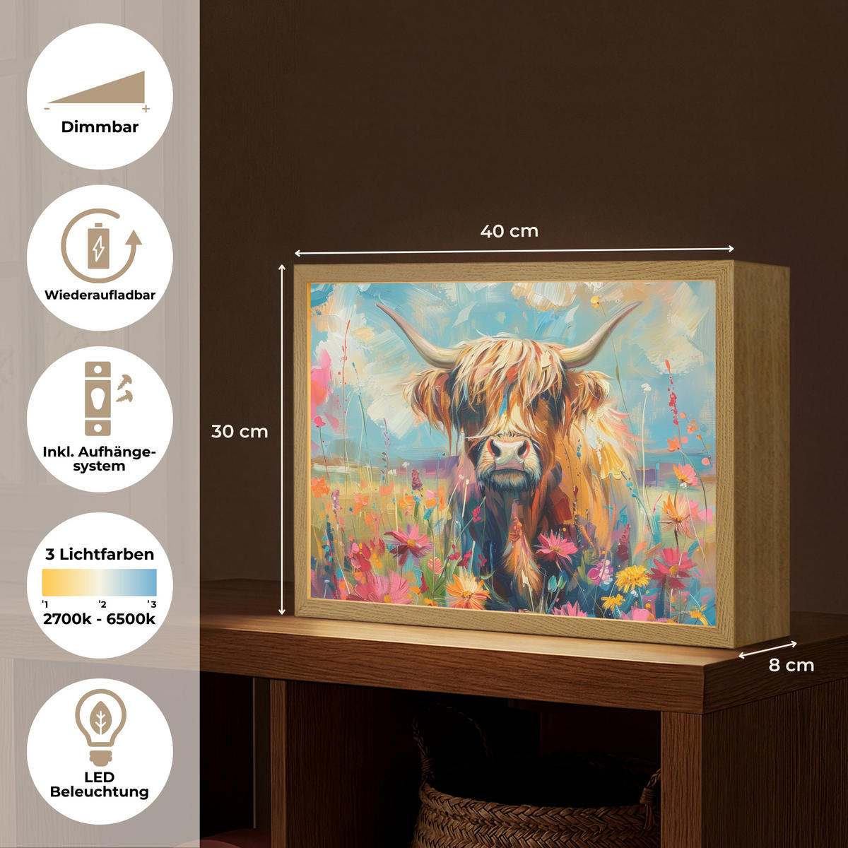 NÁSTĚNNÁ LAMPA S AKUMULÁTOREM Skotský horal - Příroda - Barevné - Květiny 40x30 cm - různobarevná, kompozitní dřevo (40/30/8cm) - OnlyWow