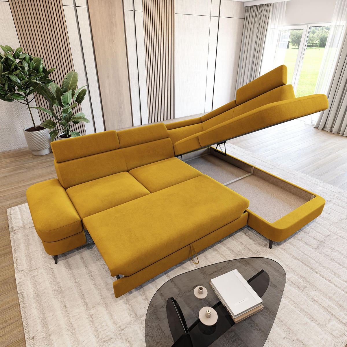 ECKSOFA AVISE MV R-S Gelb Velours-Stoff mit Schlaffunktion - Gelb, Holzwerkstoff/Textil (268/195cm) - MASSENO