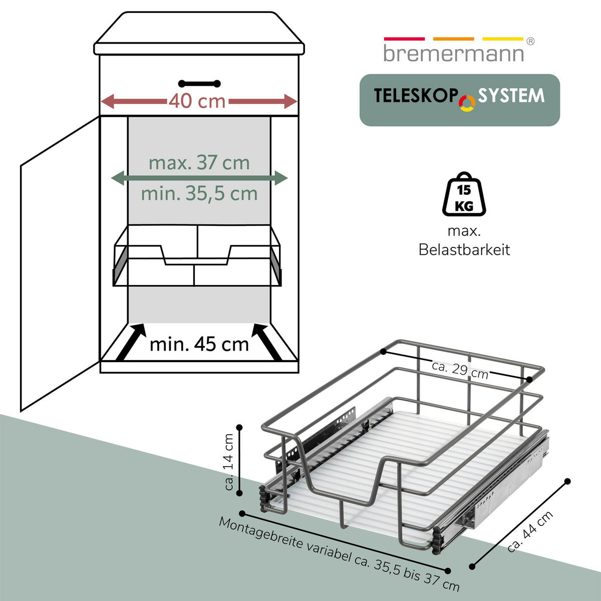 TELESKOPSCHUBLADE für 40 cm Schrank mit Einlegeboden, aus Metall - Grau, Metall (37/14/44cm) - bremermann