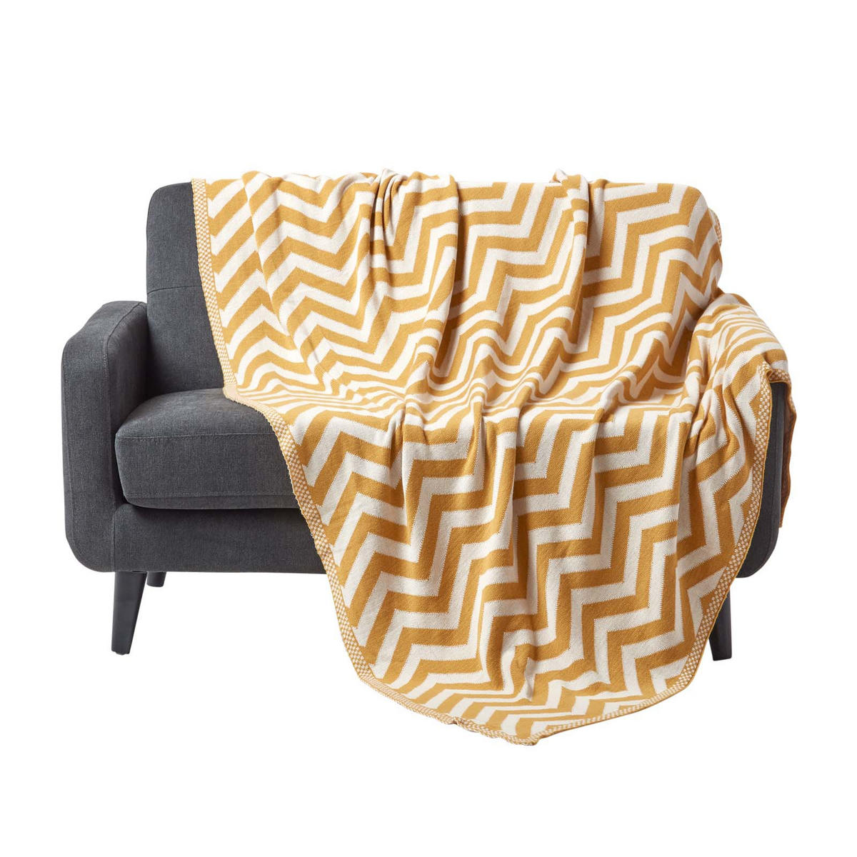 STRICKDECKE 150/200 cm, Zickzack-Muster Baumwolle - Dunkelgelb, Textil (150/200cm) - Homescapes