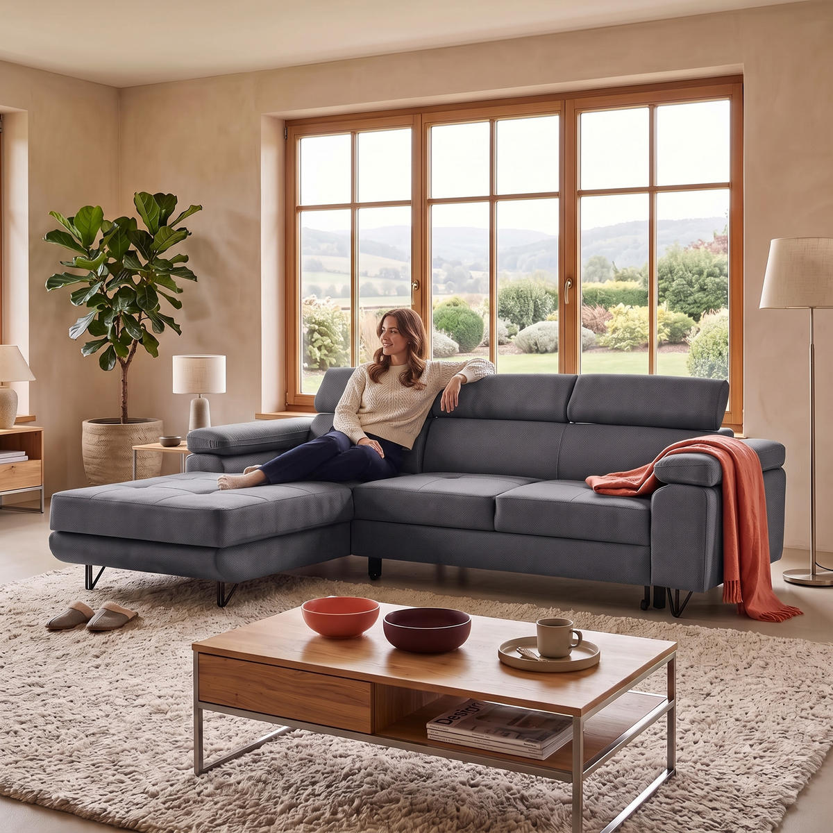 ECKSOFA NORIS L Links mit Schlaffunktion 128x203 Velours Dunkelgrau - Dunkelgrau/Schwarz, Holz/Textil (250/183cm) - Muffo
