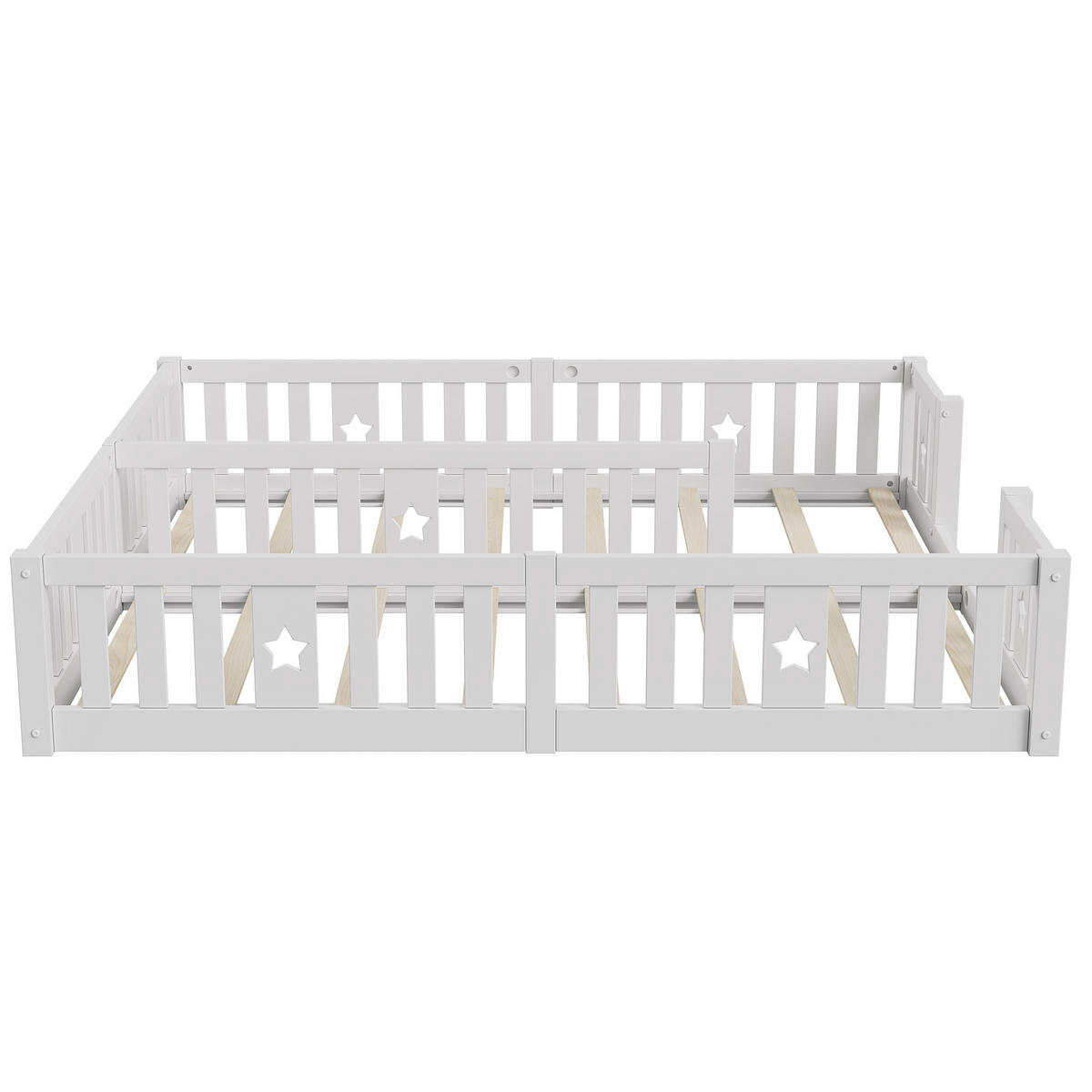 BODENBETT 90x200cm für 2 Kinder mit Rausfallschutz & Sternen-Design, weiß, mit Lattenrost - Weiß, Holz - BursDany