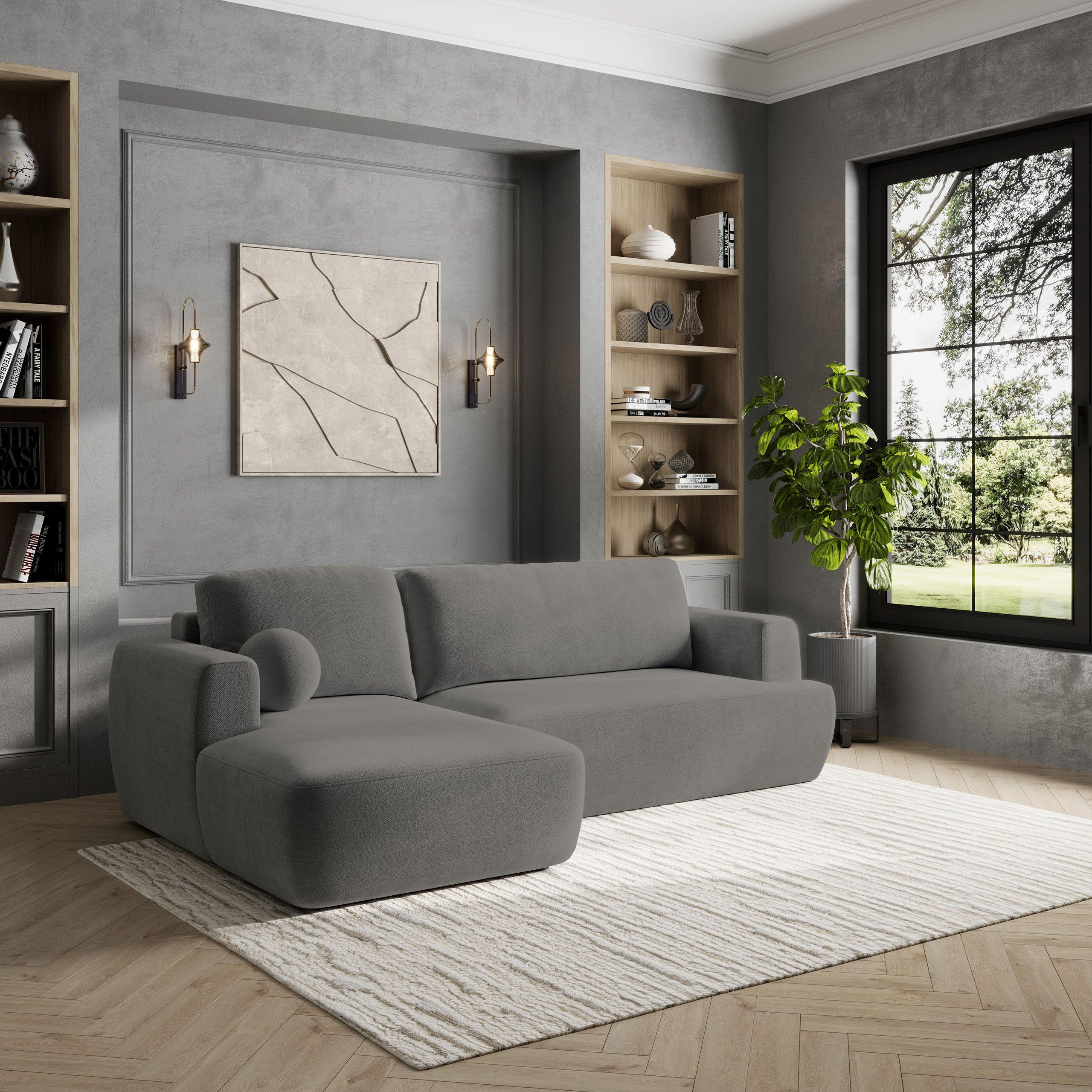 ECKSOFA SENTI K L-S Grau Plüsch-Stoff mit Schlaffunktion - Grau, Holz (246/148cm) - MASSENO