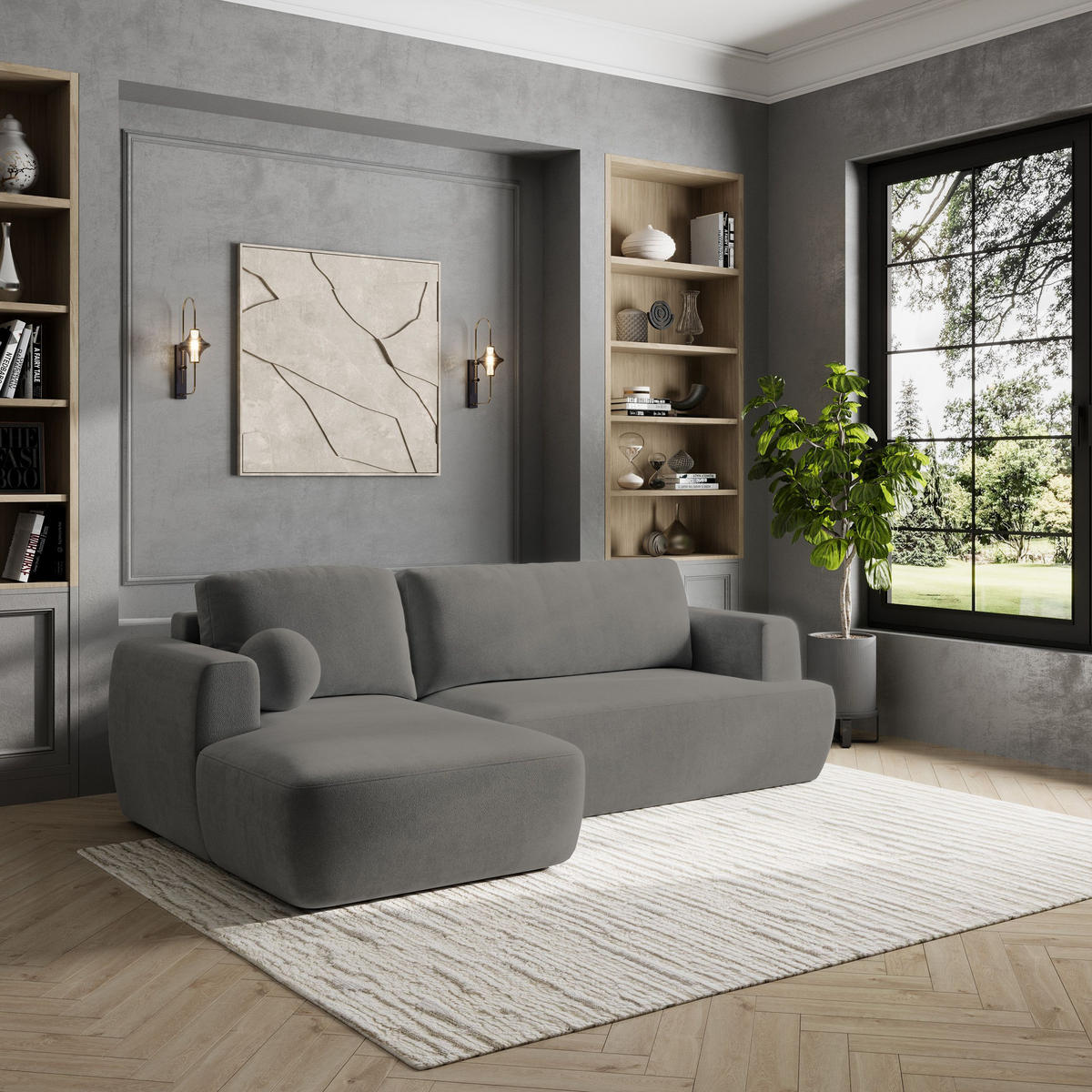 ECKSOFA SENTI K L-S Grau Plüsch-Stoff mit Schlaffunktion - Grau, Holz (246/148cm) - MASSENO