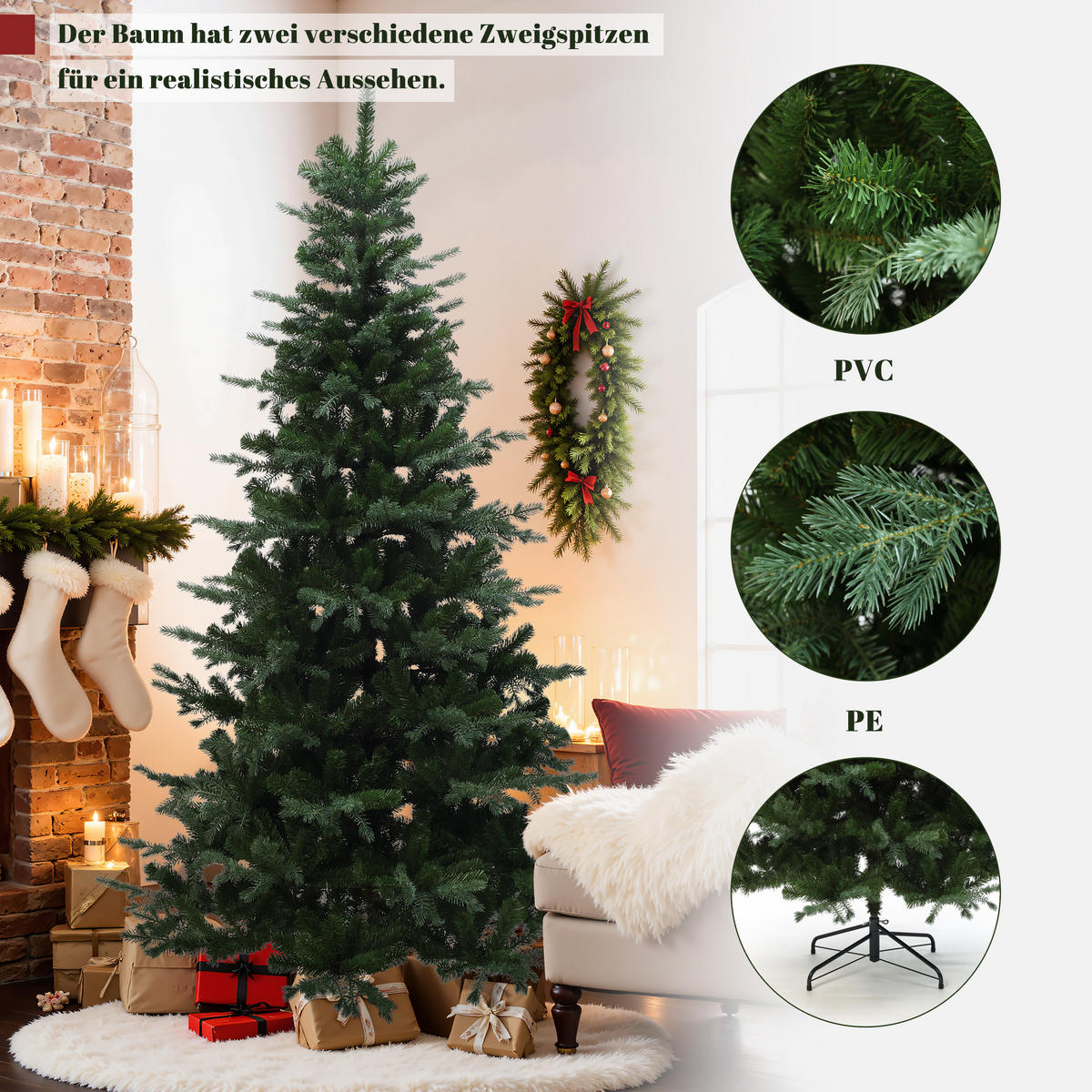 KÜNSTLICHER Weihnachtsbaum 220 cm, 1949 PE/PVC Zweige - Grün, Kunststoff (220cm) - Hometopia