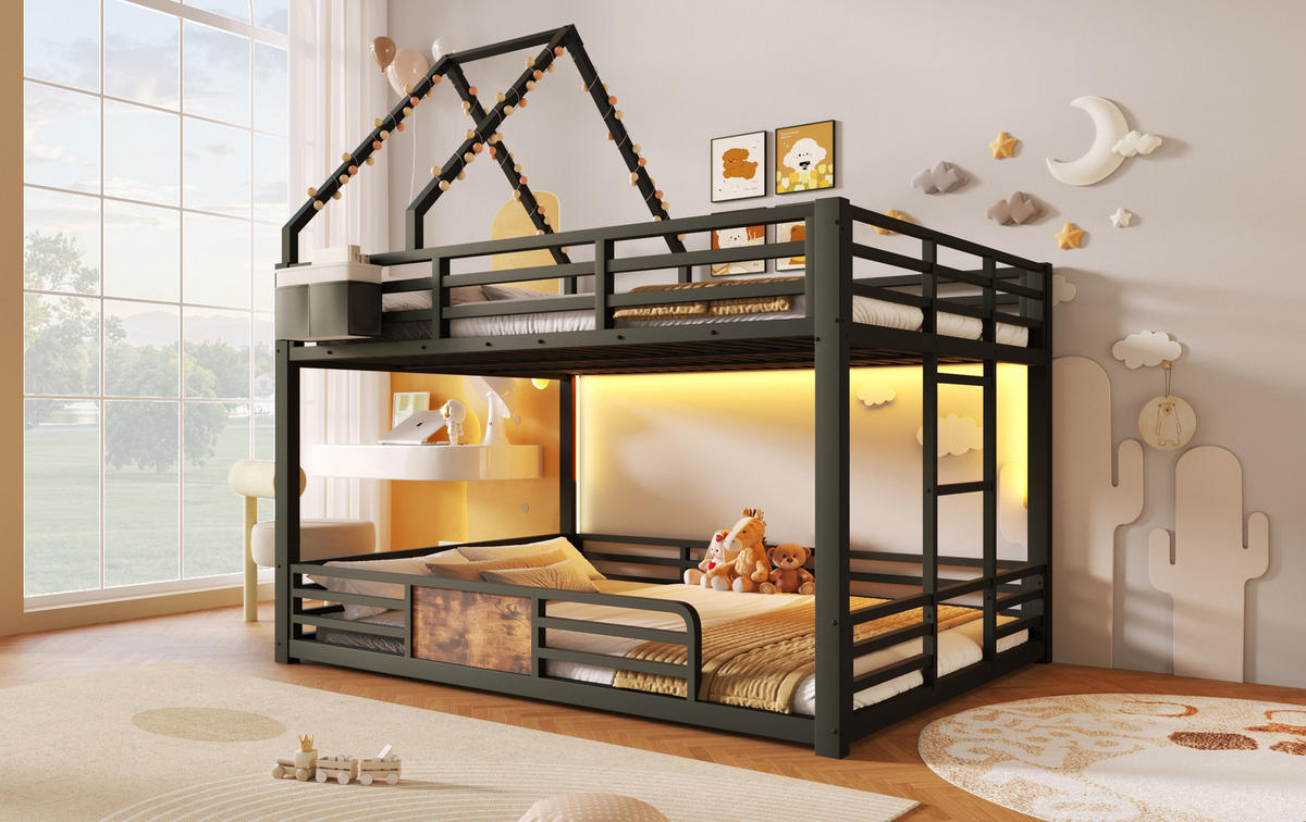 ETAGENBETT 140x200 cm in Schwarz mit LED-Beleuchtung und Hausbett-Design - Schwarz, Metall (140/200cm) - IVMEU