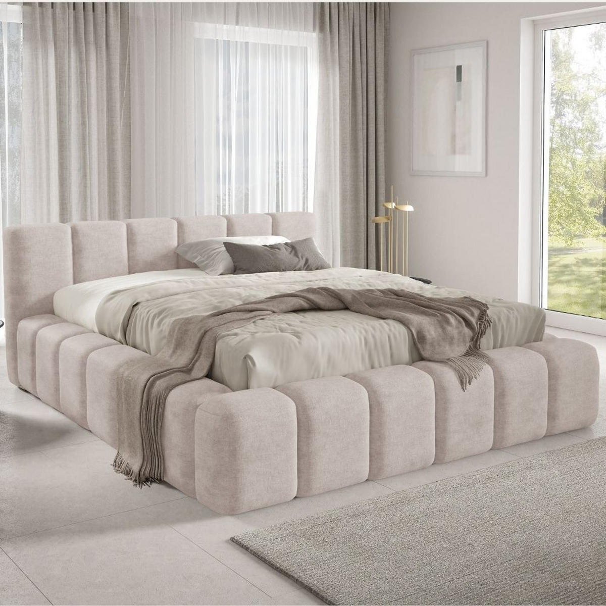 POLSTERBETT KALLA Premium 180x200 cm mit Bettkasten – PERFECT HARMONY 02 - Creme, Holz - Dekori_Interiors