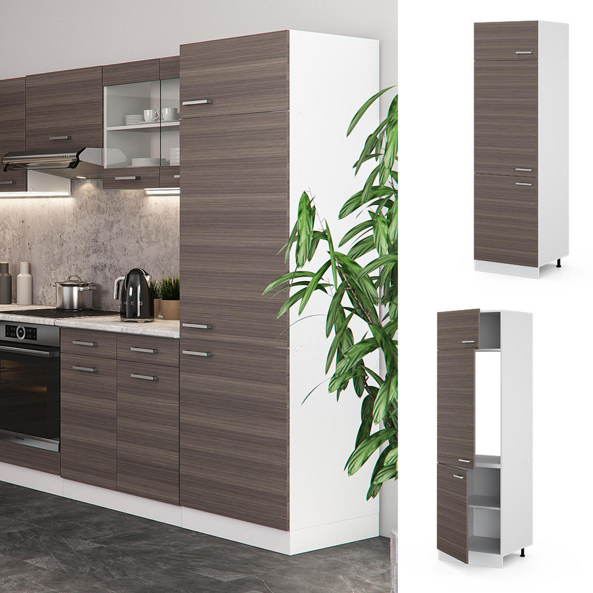 KÜHLUMBAUSCHRANK R-Line Grau 60 cm - Weiß/Braun, Holzwerkstoff (60/206.8/57.2cm) - Vicco