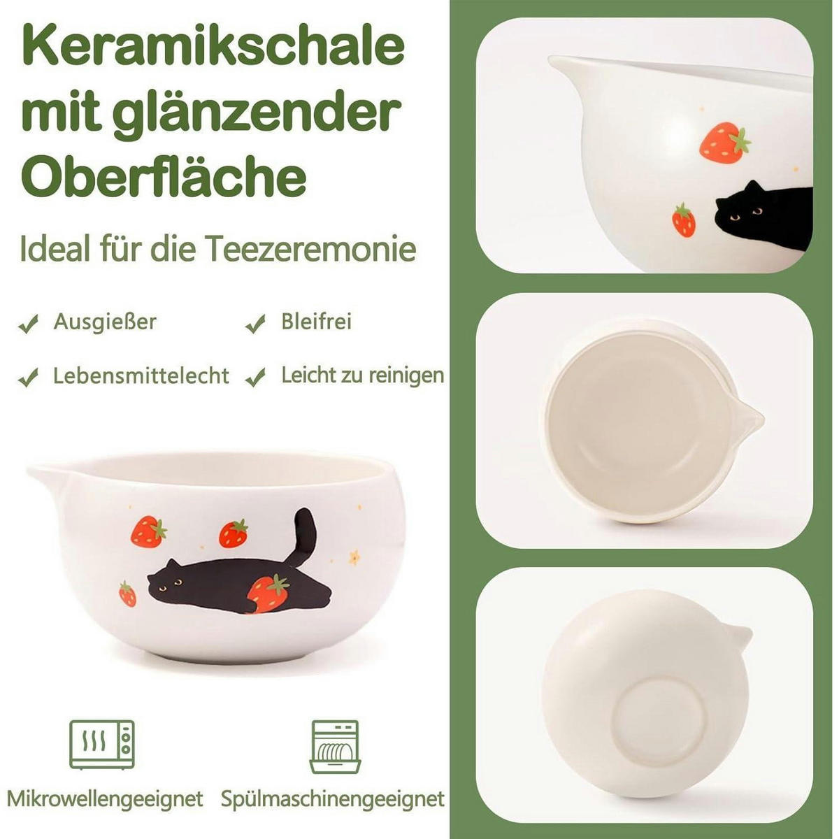 MATCHA Set 5-teiliges Set mit Katzen und Erdbeeren - Weiß, Keramik (13.9/6.6/13.9cm)