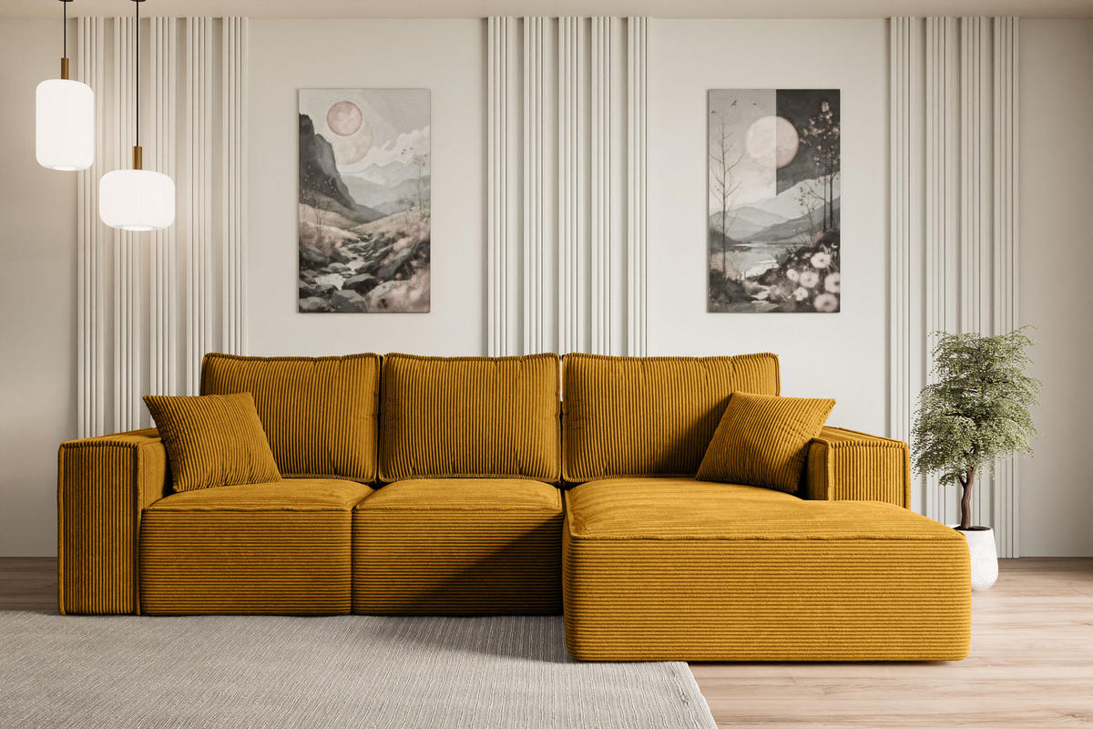 ECKSOFA mit Schlaffunktion und Bettkasten SERRA-L-S - 266x161x87 cm Senfgelb Cord - Currygelb/Schwarz, Holzwerkstoff/Kunststoff (266/161cm) - ALTDECOR