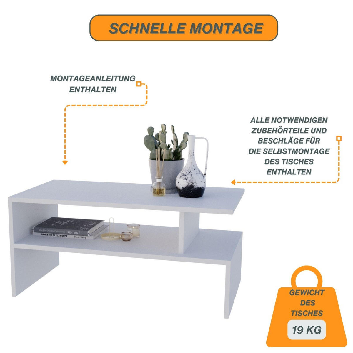 COUCHTISCH Holzwerkstoff rechteckig stabil Weiß 50/45/93cm - Weiß, Holzwerkstoff (50/93/45cm) - CraftPAK