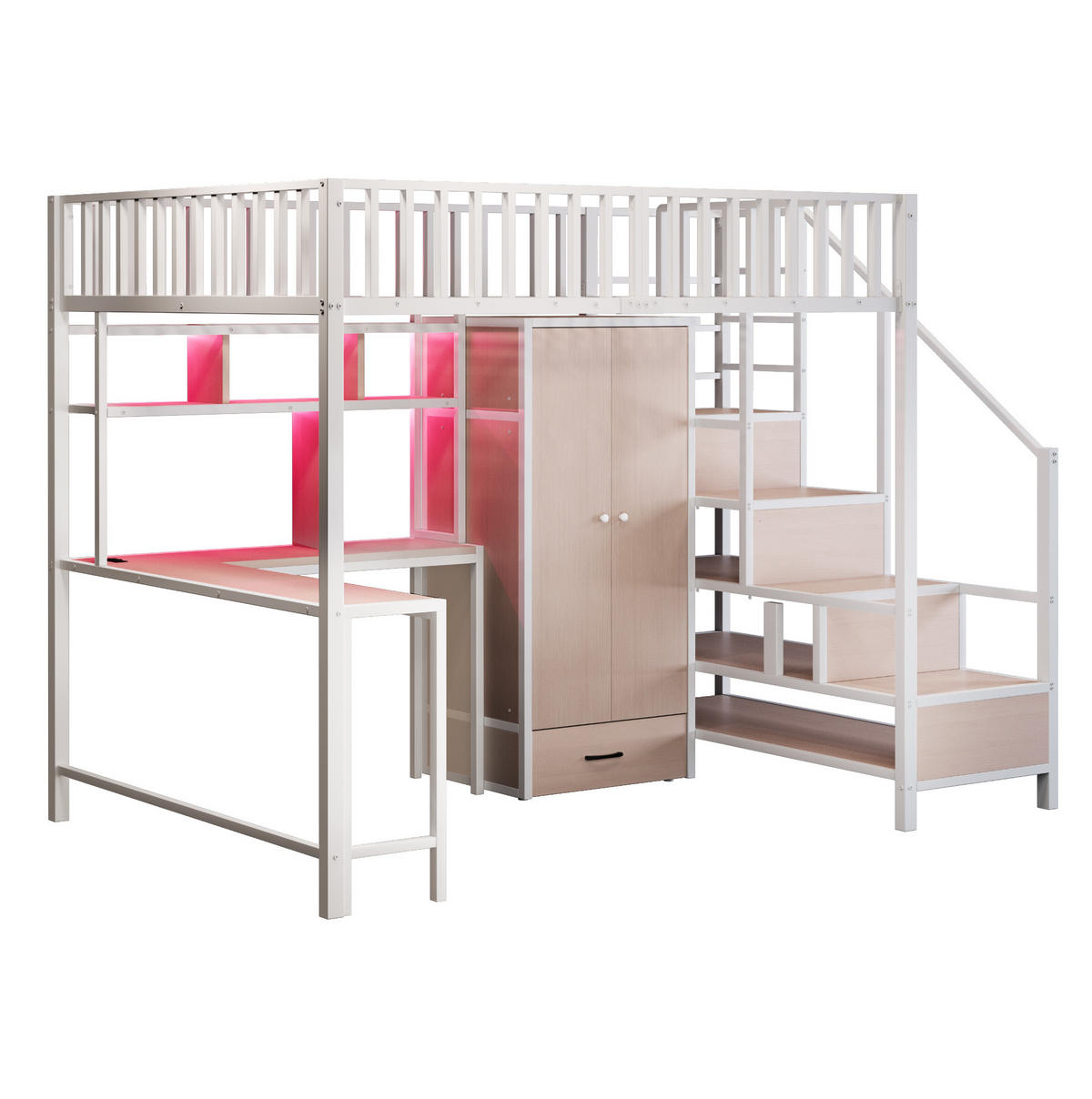 HOCHBETT aus Metall 140x200 cm Weiß mit Schreibtisch, Kleiderschrank, LED-Beleuchtung, USB-/Typ-C-Anschlüssen und Stauraumleiter - Weiß, Metall (90/200cm) - Modfu
