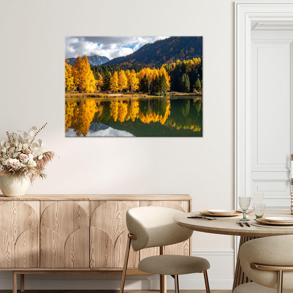 LEINWANDBILD Herbstlandschaft See Berge Natur 90x60cm - Gelb, Textil (90/60cm) - Feeby