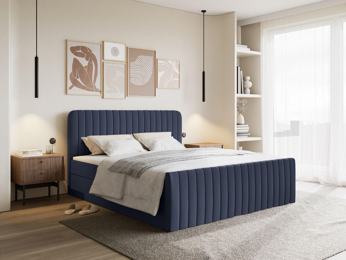 BOXBETT Saliano mit Topper und Chenille-Bezug Marineblau, 140x200 cm - Dunkelblau, Kunststoff/Textil (140/200cm) - Selsey