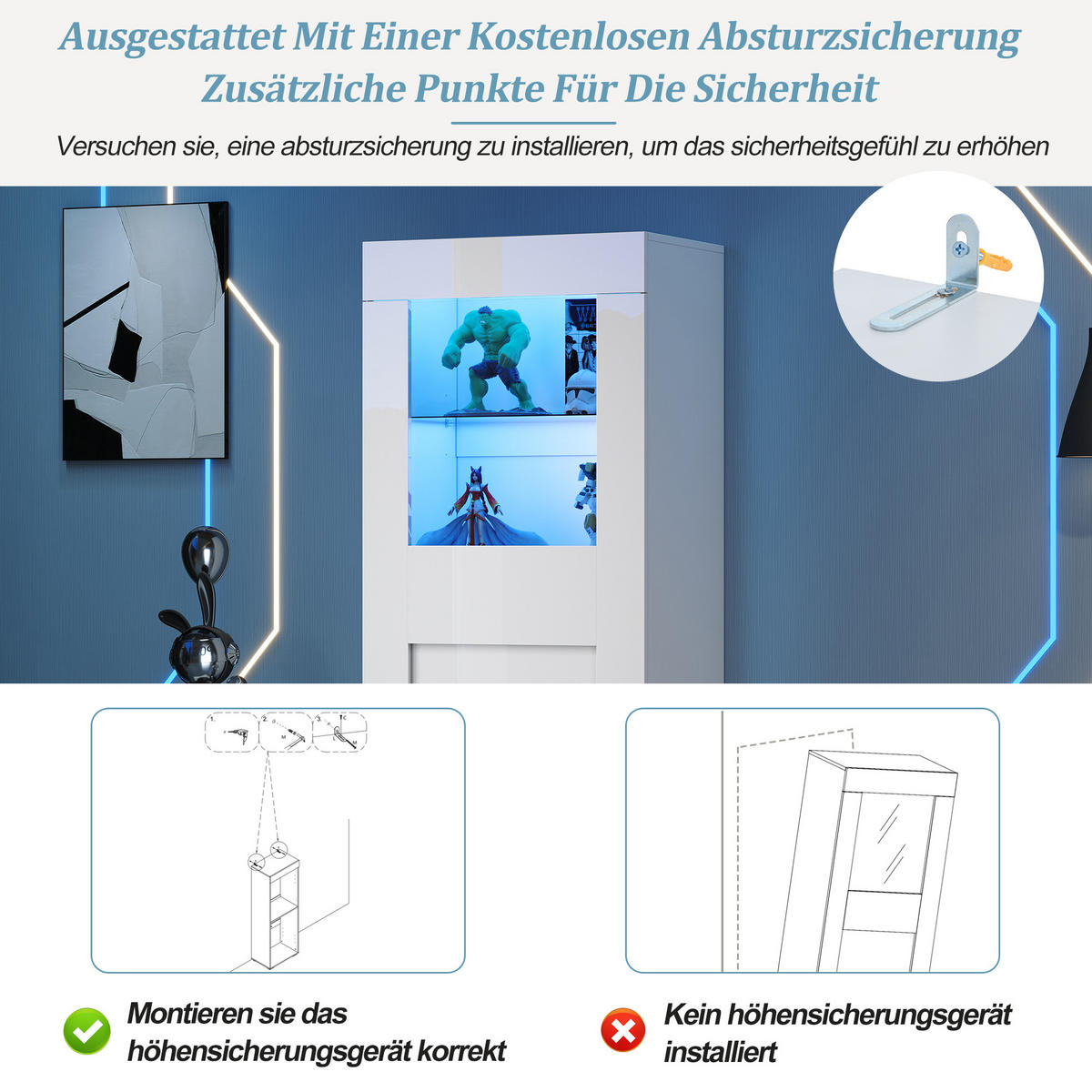VITRINE LED Hochglanz Schrank Acryl Tür 2 Glasböden Weiß 170cm - Weiß, Glas (60/170/40cm) - FLIEKS