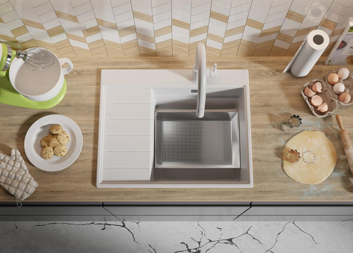 SPÜLBECKEN Sydney, 2-er set Weiß 62/50 cm 1 Becken + Ablauf-Set + Küchenzubehörset ab 45er Unterschrank - Chromfarben/Beige, Kunststoff (62/20/50cm) - Primagran