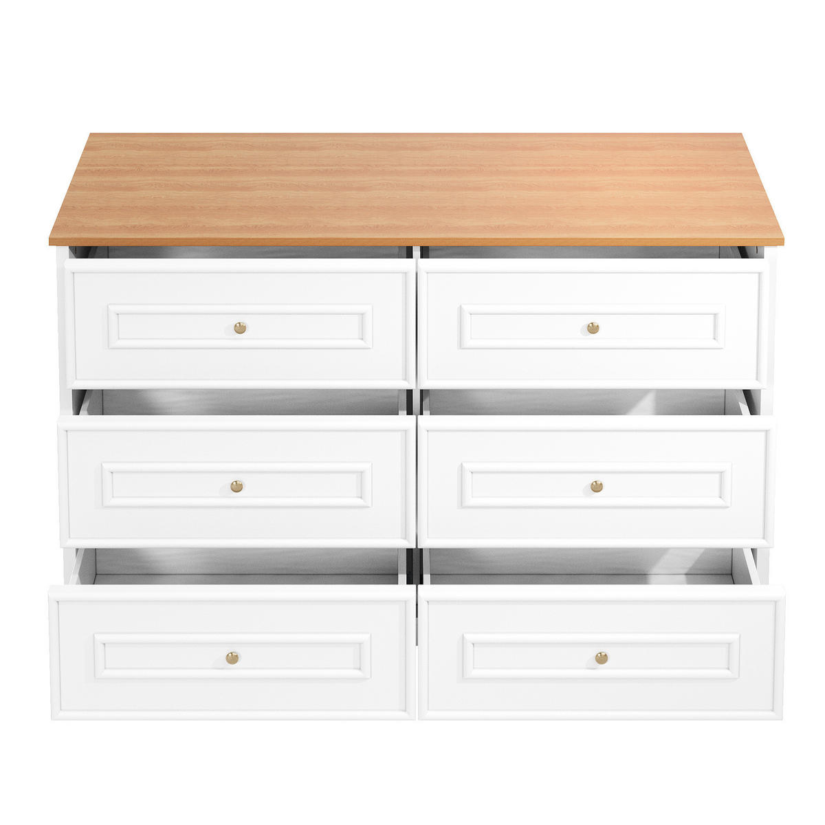 SIDEBOARD 120/40/76 cm in Weiß/Natur mit 6 Schubladen im Landhausstil - Weiß, Holzwerkstoff (120/76/40cm) - Flora Grace
