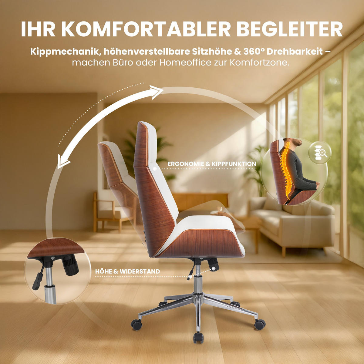 DREHSTUHL Lederlook Walnuss/Weiß - Chromfarben/Walnussfarben, Textil/Metall (58/110/66cm) - CLP