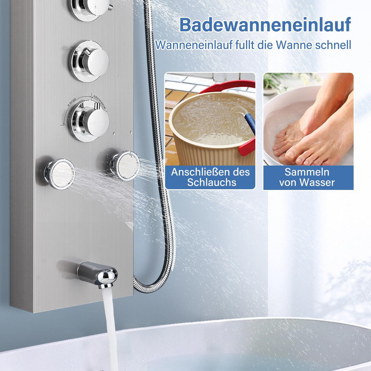 ÜBERKOPFBRAUSESET Edelstahl Hydromassage LED Digitalanzeige Silber - Silberfarben, Metall (16/121/39cm) - Kaket