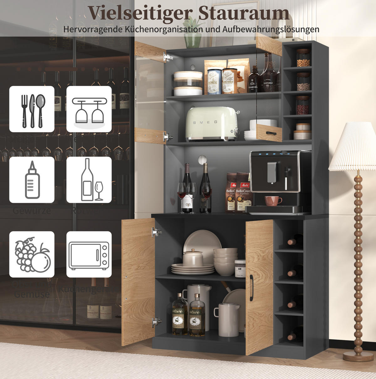 BUFFET 100/187/47 cm Grau/Natur aus MDF und Glas mit LED-Beleuchtung - Naturfarben, Holzwerkstoff (47/187/100cm) - OKMYHOME