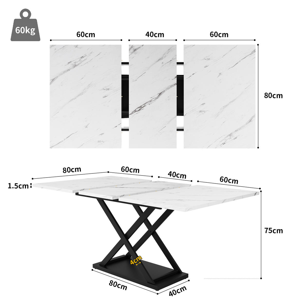 ESSTISCH 120-160/75/80 cm Weiß/Schwarz aus MDF und Metall mit Ausziehfunktion - Weiß, Holzwerkstoff (160/80/75cm) - OKMYHOME