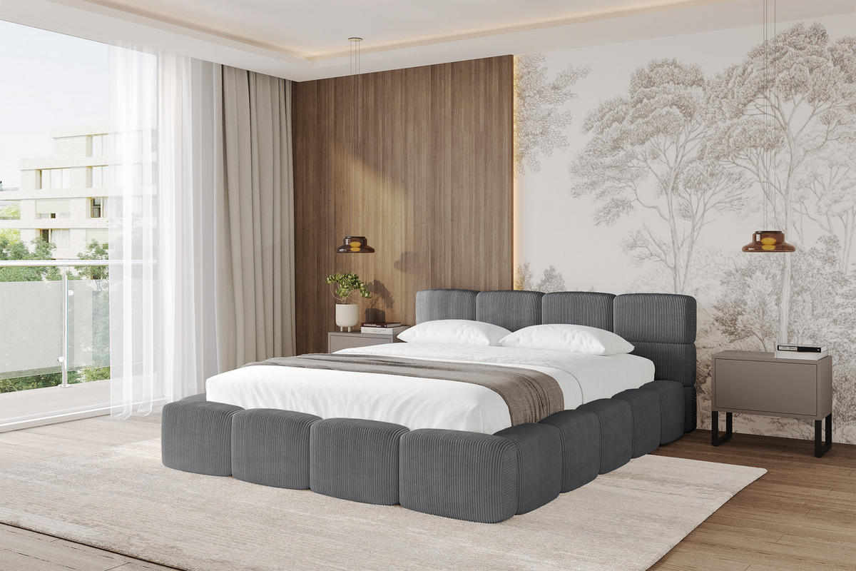 POLSTERBETT mit Bettkasten und Lattenrost, Bett mit Matratze H3/H4, Kopfteil, Boxbett, Doppelbett mit Stauraum - NATA-v1 200x200 Dunkelgrau - Chromfarben, Holzwerkstoff/Textil (200/200cm) - ALTDECOR