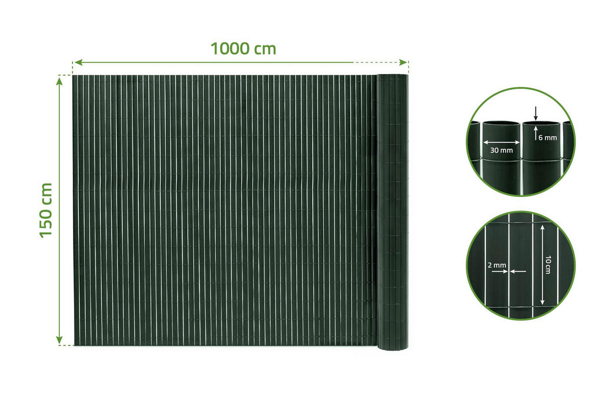 PVC Sichtschutzmatte VISO doppelseitig 10m x 1,5m Grün - Grün, Metall (1000/150cm) - Casanoov