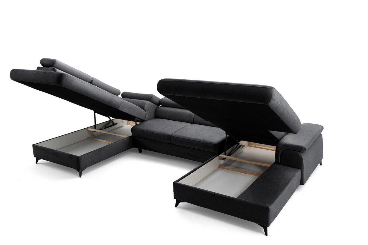 ECKSOFA U-Form PLAZA U Rechts mit Schlaffunktion 125x256 Velours Anthrazit - Anthrazit/Schwarz, Holz/Kunststoff (210/95/350cm) - Muffo