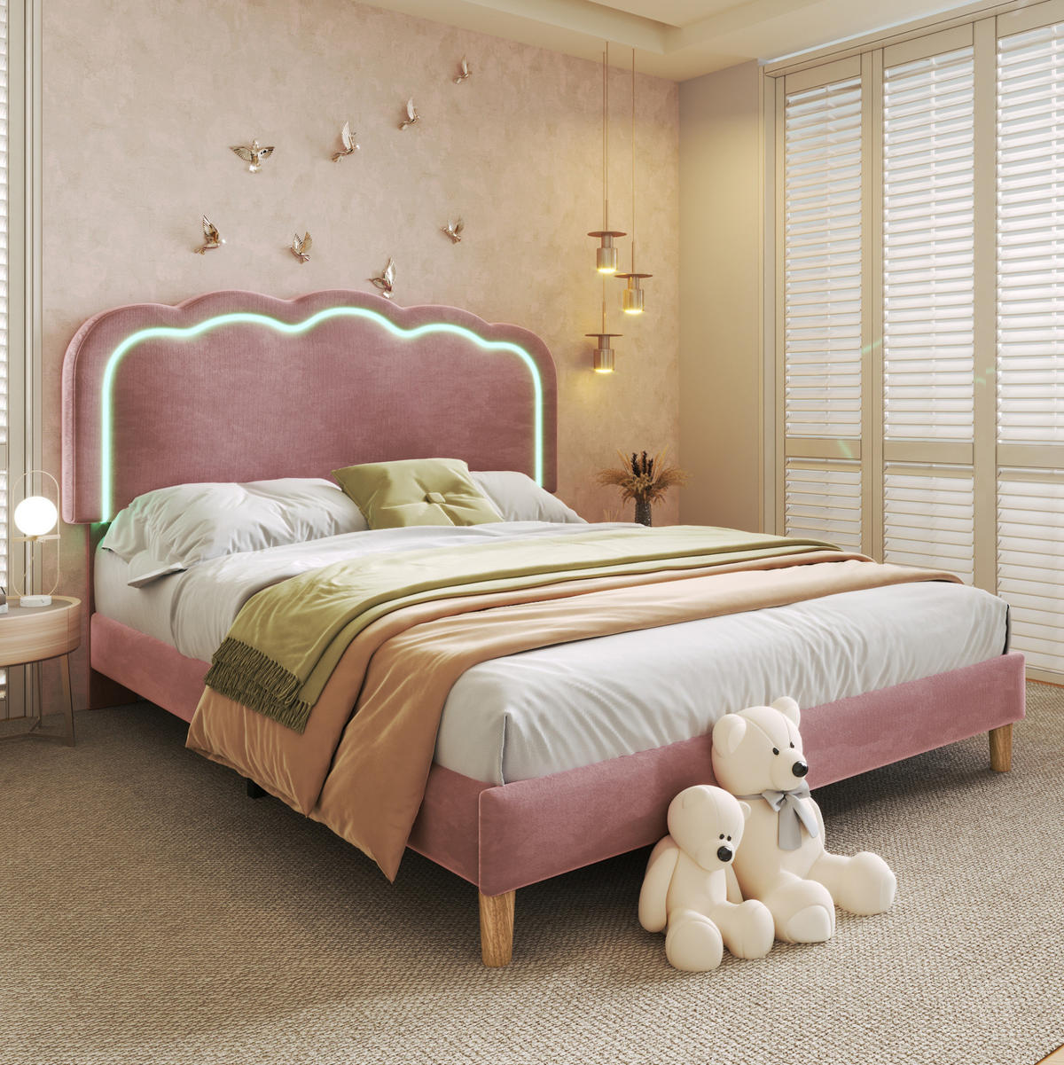 POLSTERBETT mit LED-Kopfteil 140x200 cm Samt Pink - Pink, Metall (140/200cm) - Meubliv