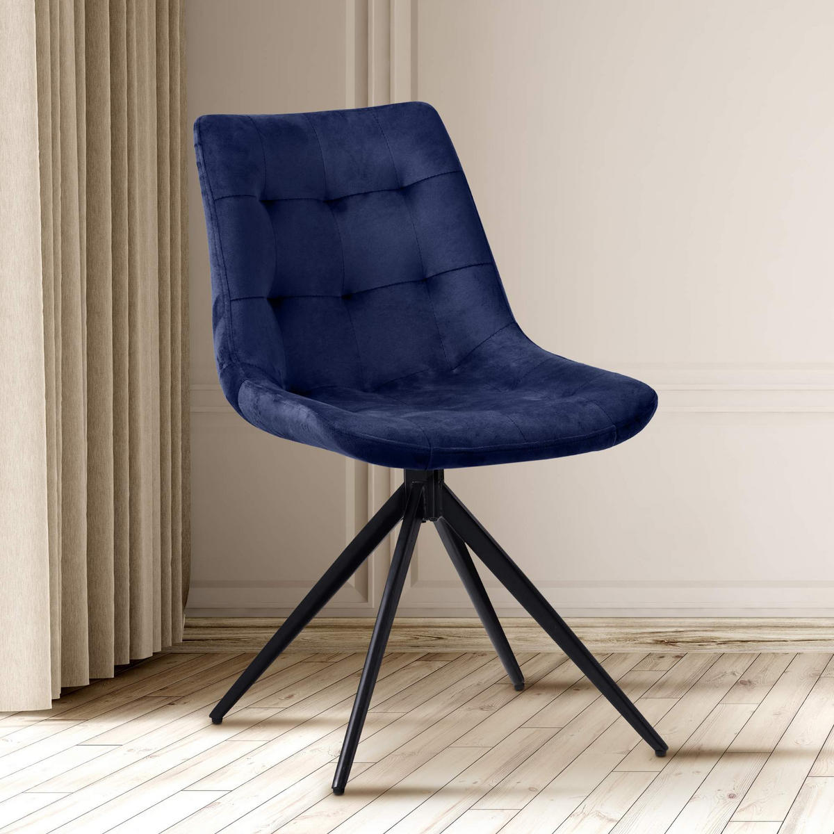 DREHSTUHL Samt dunkelblau - Schwarz/Dunkelblau, Textil/Metall (48/82/56cm) - CLP