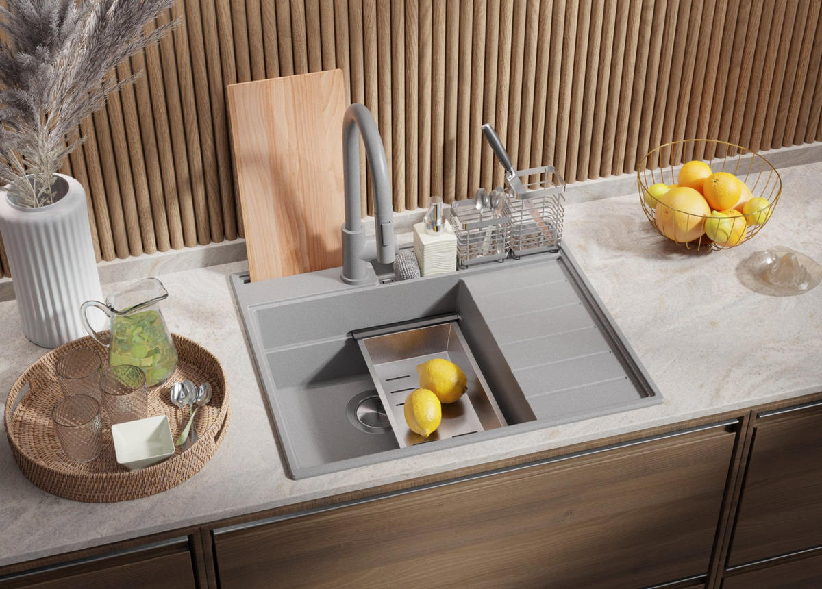 SPÜLBECKEN Sydney Pocket, 2-er set Grau 62/53 cm 1 Becken + Ablauf-Set + Küchenzubehörset ab 45er Unterschrank - Chromfarben/Beige, Kunststoff (62/20/53cm) - Primagran