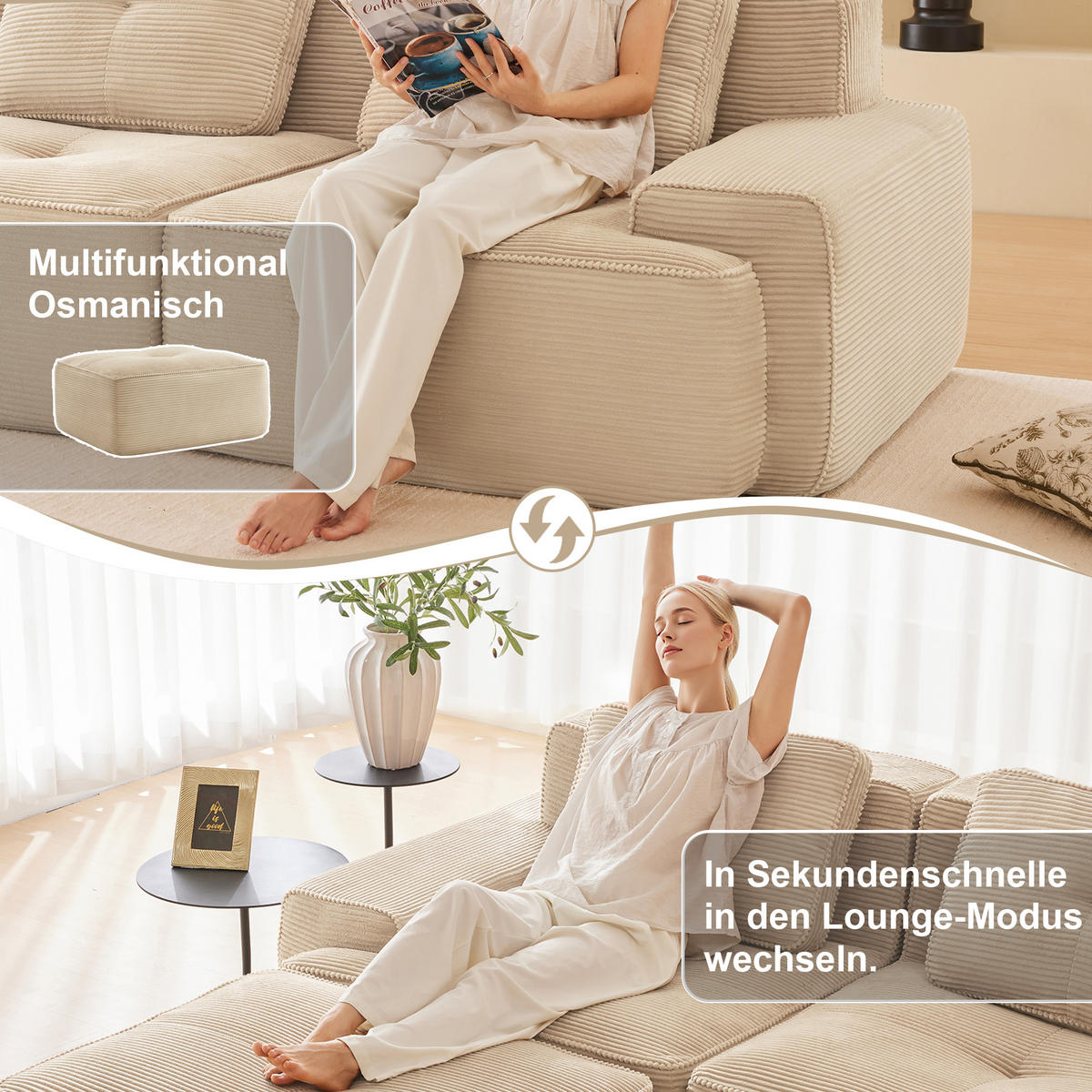 3-SITZER SOFA cord montagefrei & extratiefer sitz - Beige, Textil (293/69/104cm) - Urban Meuble