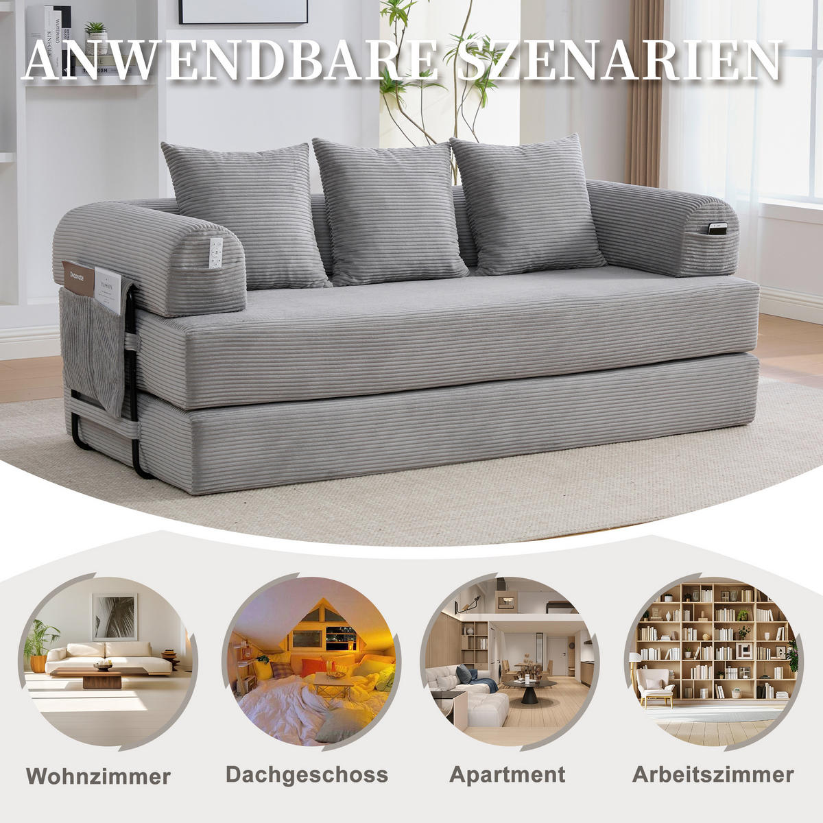 SCHLAFSOFA 200/94/67 cm Hellgrau mit Seitentaschen plus und 3 Kissen - Hellgrau, Textil (200/67/94cm) - Oxeza