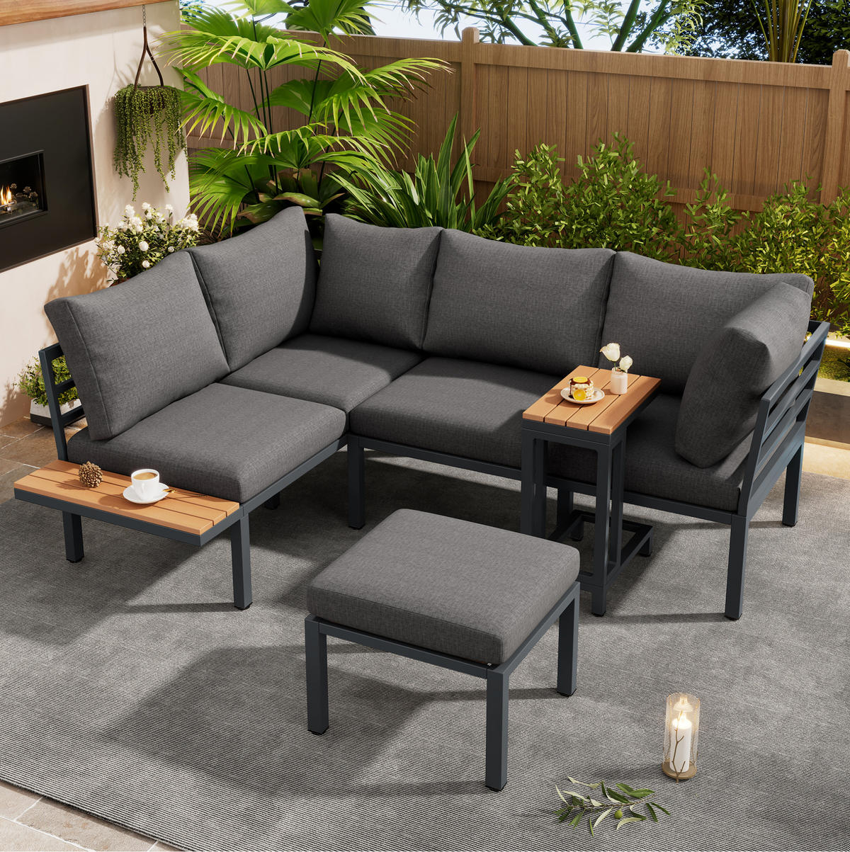 LOUNGEGARNITUR 190/143/65 cm grau/schwarz aus Stahl und Polyester mit Ottoman-Funktion - Grau, Metall - OKWISH