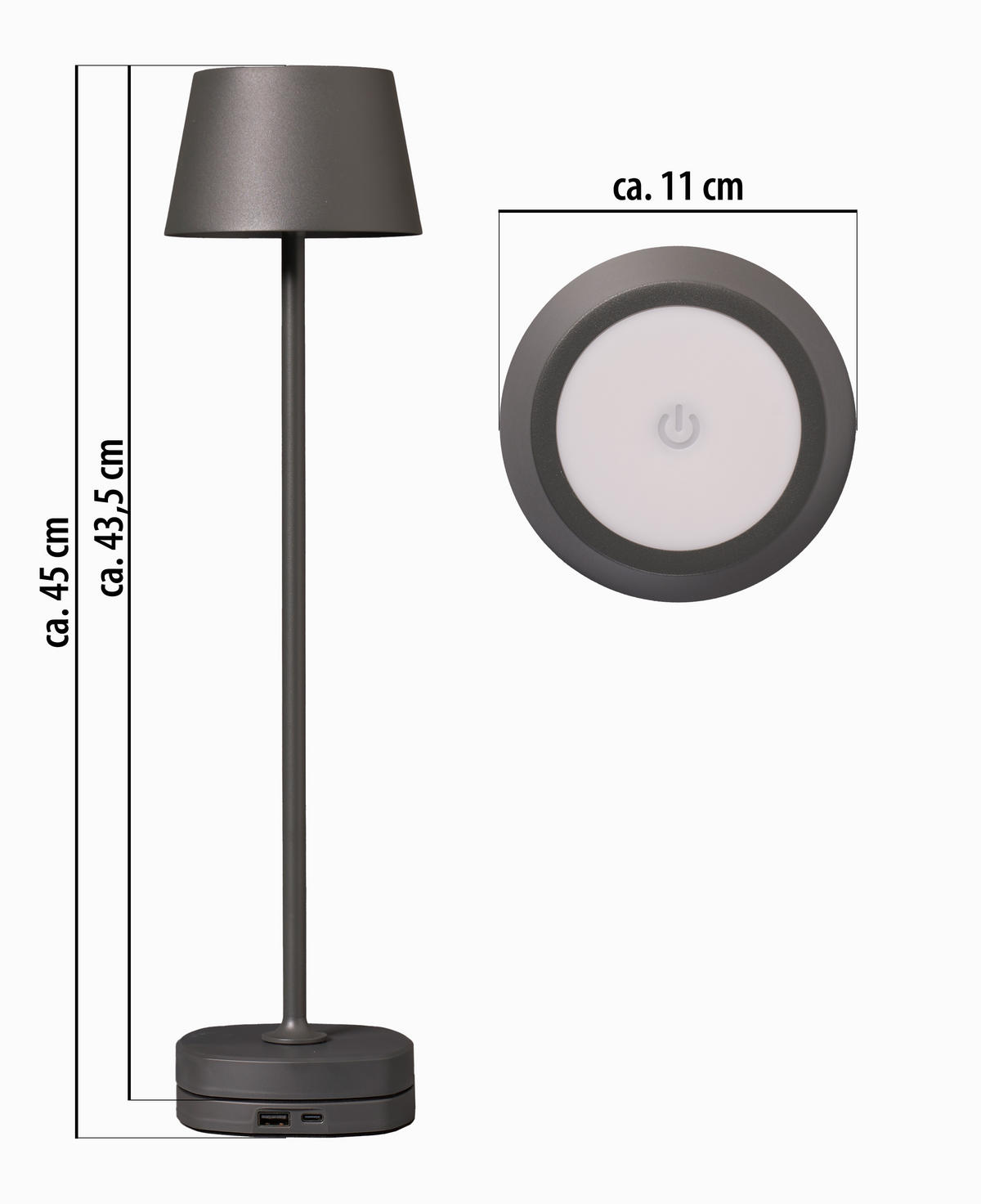 LED-AKKU Tischlampe mit Ladestation Ø 11 x 45 cm stufenlos dimmbar für Innen und Außen grau - Grau, Kunststoff (11/11/45cm) - Northpoint