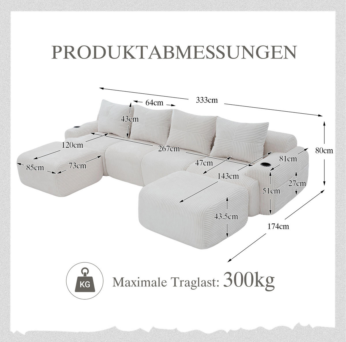 WOHNLANDSCHAFT Cord 4-Sitzer mit 2 Hockern und Getränkehalter 333/174/80 cm Beige - Beige, Textil (174/80/333cm) - Redom