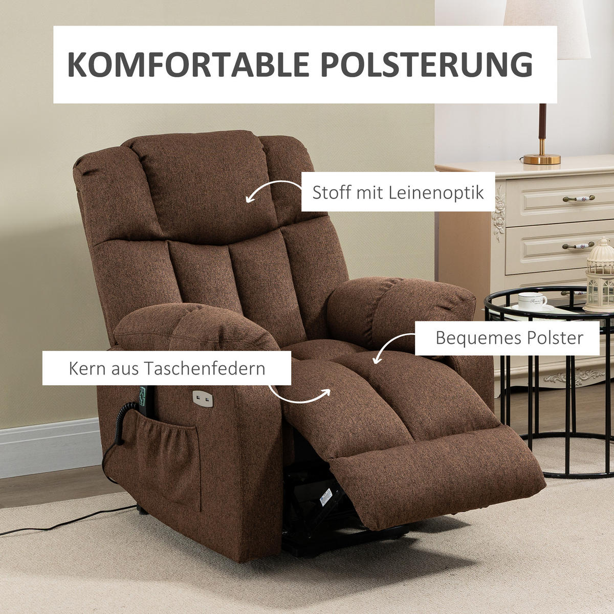 SESSEL mit Aufstehhilfe, Polyester - Braun, Kunststoff (95/107/92cm) - HOMCOM