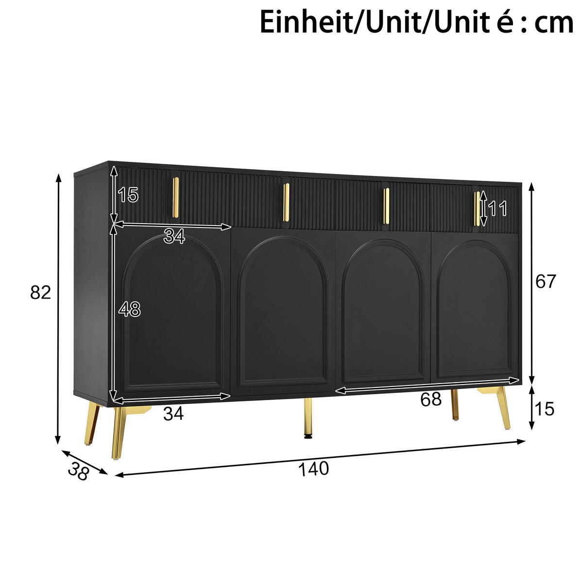 SIDEBOARD 140/38/82 cm Schwarz aus MDF mit 4 Türen und 4 Schubladen - Schwarz, Holzwerkstoff (140/82/38cm) - OKWISH