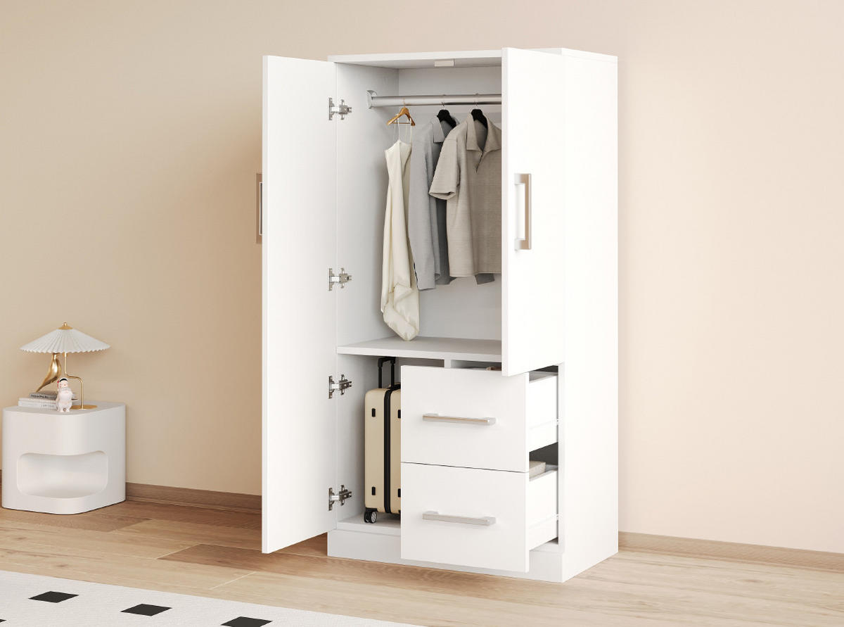 KLEIDERSCHRANK 70/40/135 cm mit 2 Drehtüren und 2 Schubladen in Weiß - Weiß, Holz (70/135/40cm) - BEAOK
