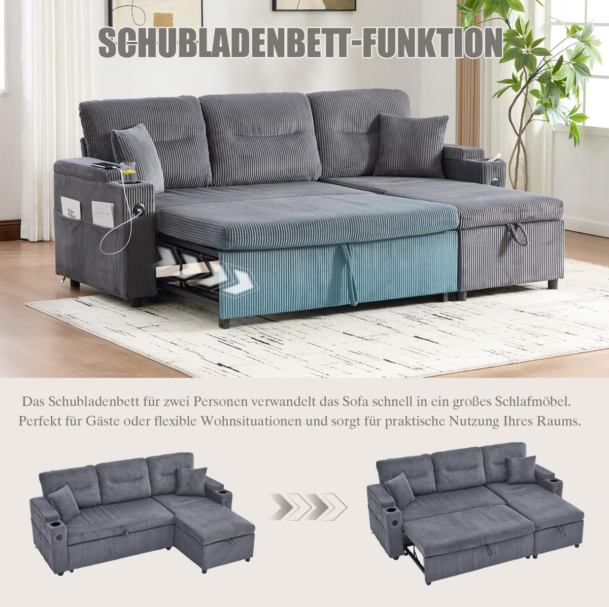 ECKSCHLAFSOFA 3-Sitzer Cord mit Stauraum Schubladenbett und USB-Anschluss Kohlegrau 212,5/136/86 cm - Grau, Textil (136/212.5cm) - Redom
