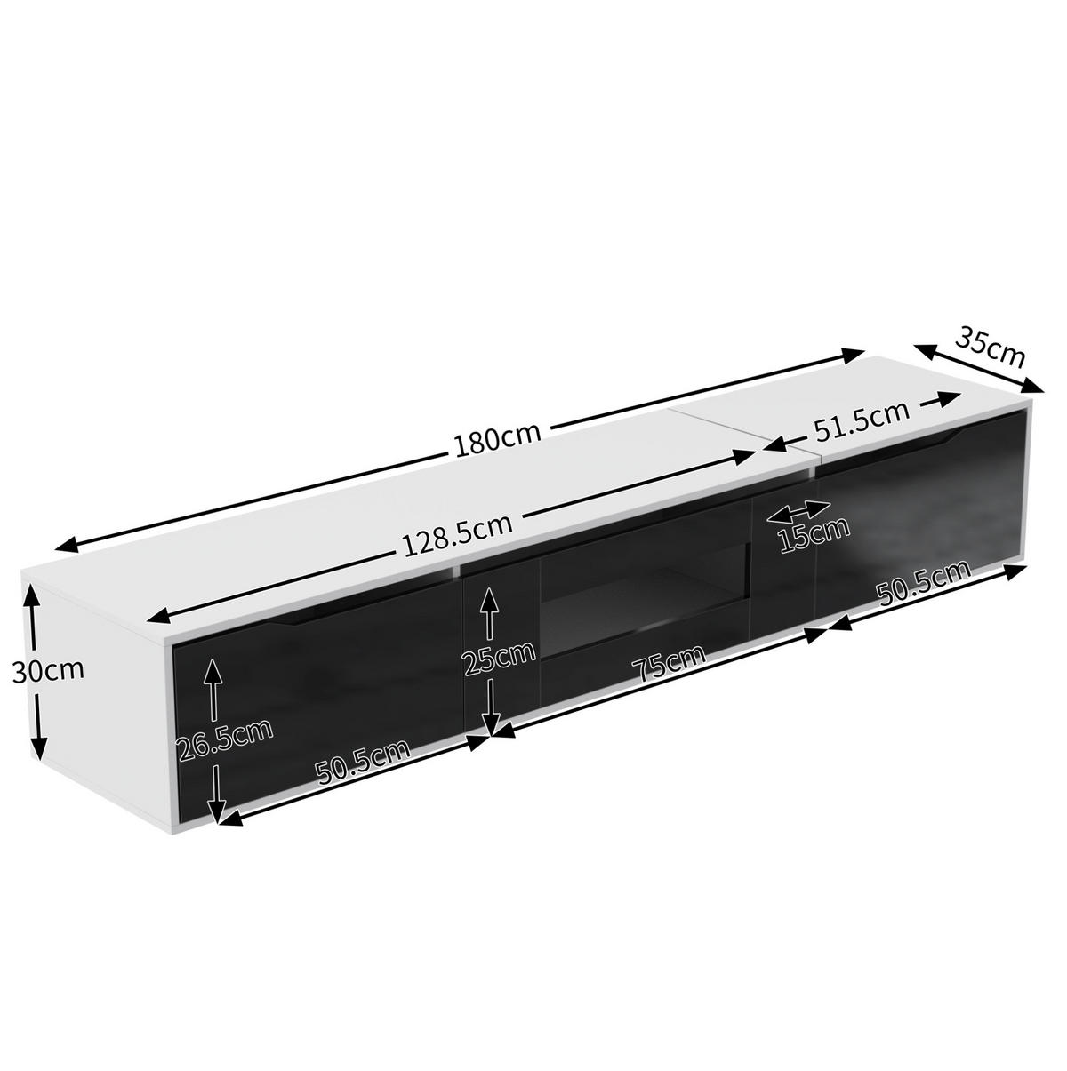 LOWBOARD 180/35/30 cm aus Holzwerkstoff mit LED-Beleuchtung und geriffelten Fronten Weiß/Schwarz - Schwarz, Holzwerkstoff (180/35/30cm) - Modenvie