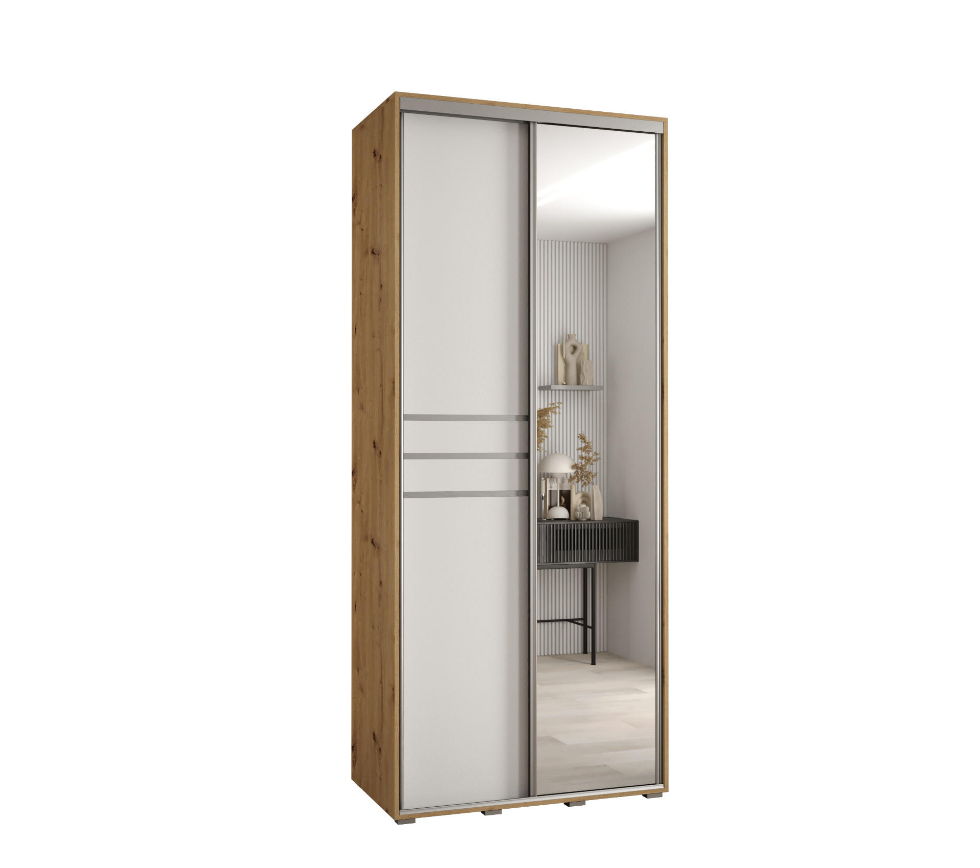 Abiks Möbel Schwebetürenschrank Eiche Artisan, Weiß, Silber 100x235x60 cm
